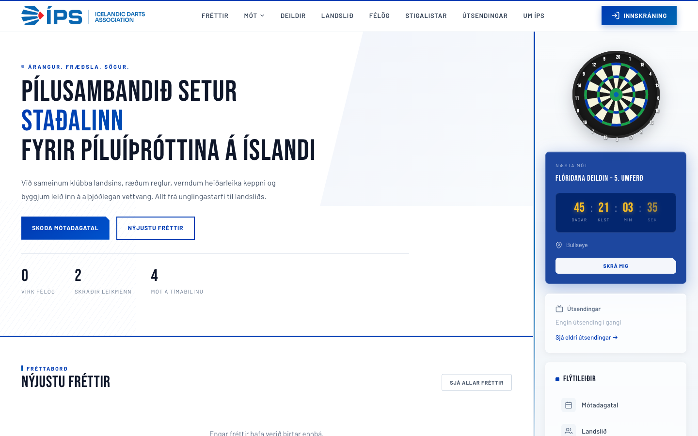 Homepage of the Icelandic Darts Association site, built by HBHF.